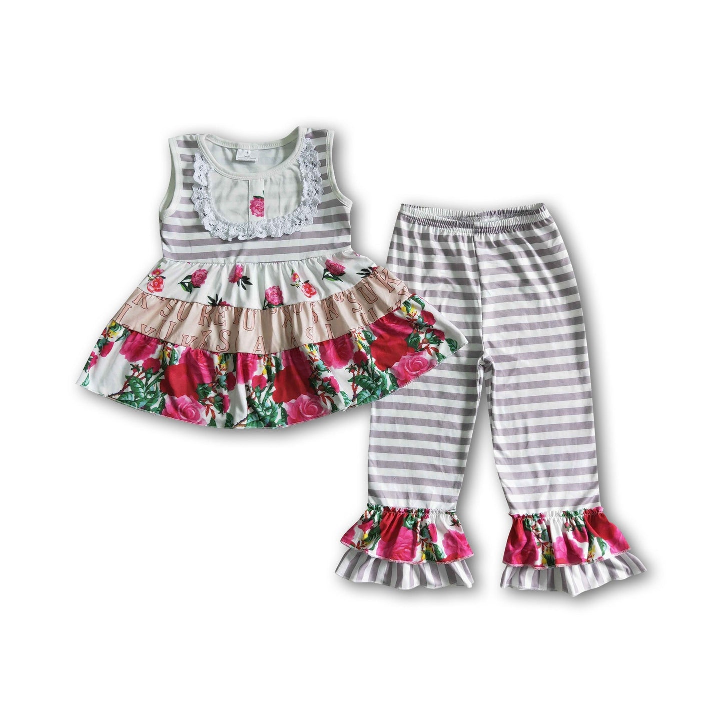 Sleevelss floral patchwork stripe ruffle pants girls clothing