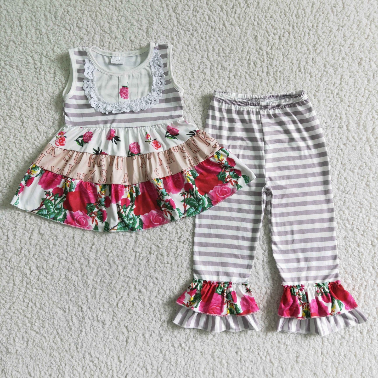 Sleevelss floral patchwork stripe ruffle pants girls clothing
