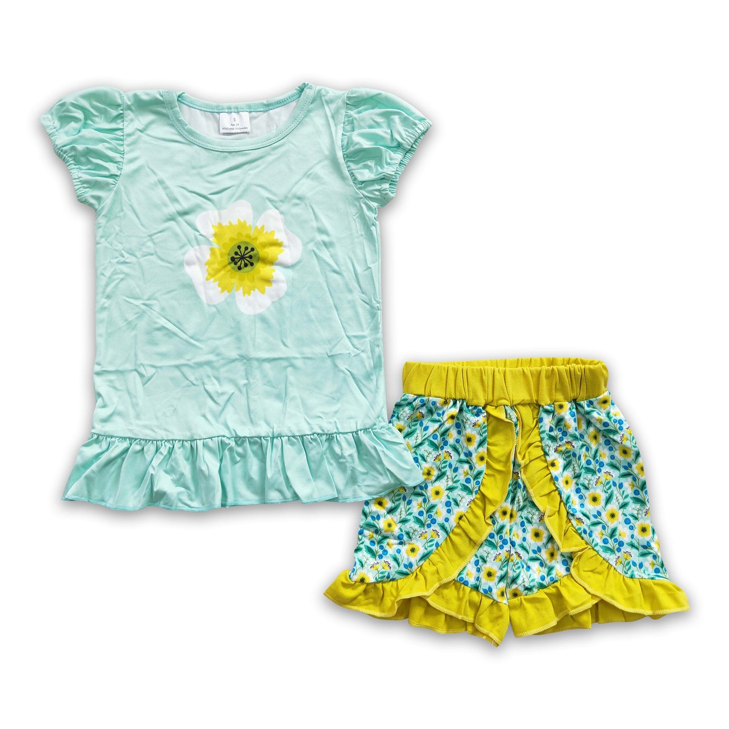 Mint floral shirt match shorts girls clothing set
