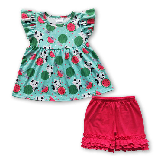 Watermelon cat mouse ruffle shorts girls summer outfits