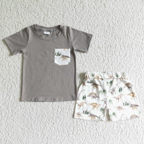Boy Gray Dinosaur Shorts Outfit