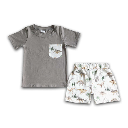 Boy Gray Dinosaur Shorts Outfit