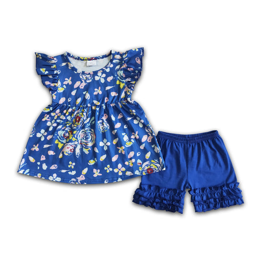 Blue floral flutter sleeve ruffle shorts girls outfits