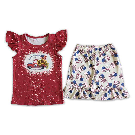 Sunflower flag tractor kids girls 4th of july clothing