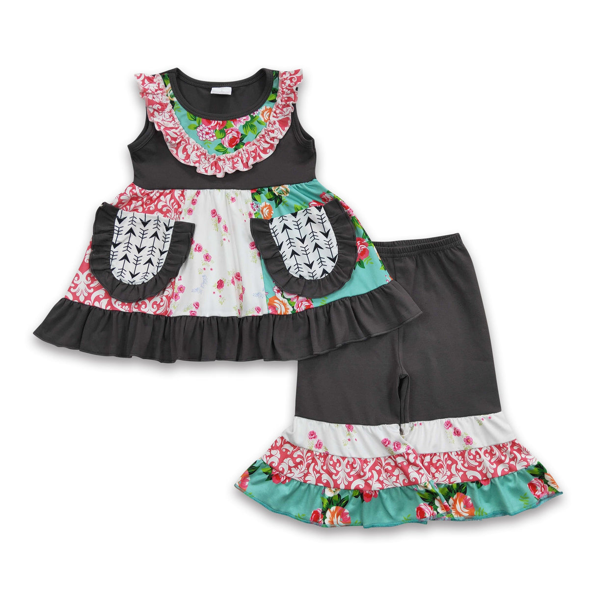 Floral patchwork tunic grey capris girls clothing set