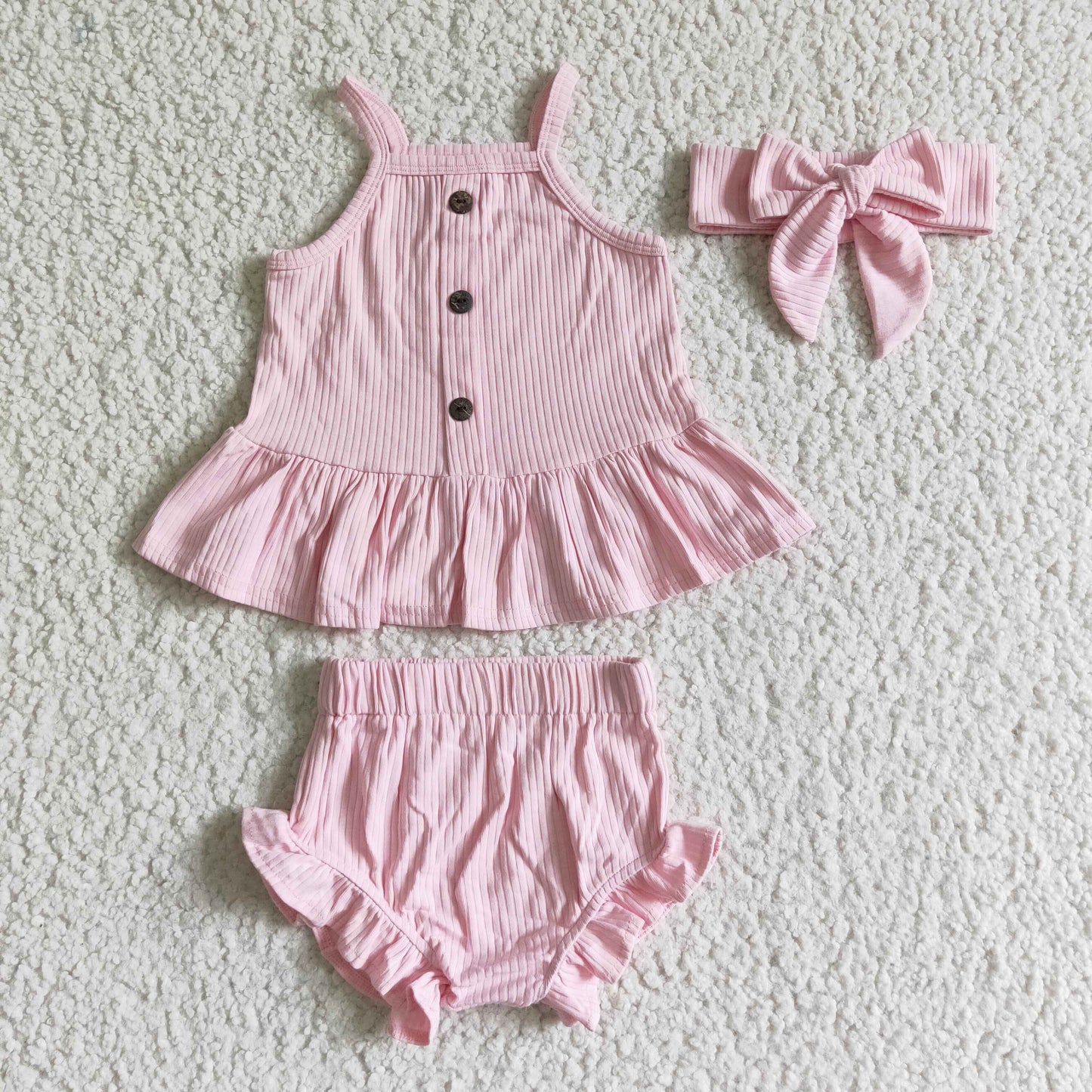 Sleeveless pink cotton baby girls bummies set