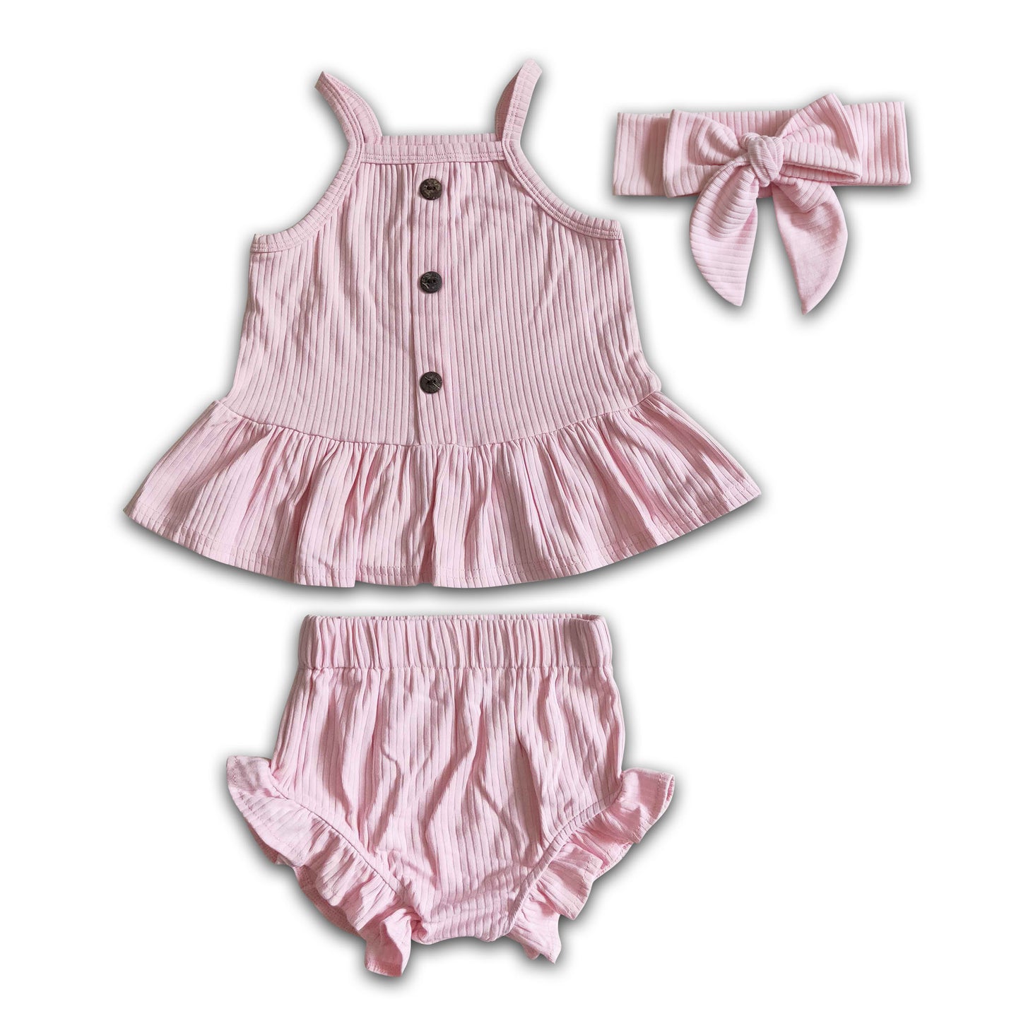 Sleeveless pink cotton baby girls bummies set