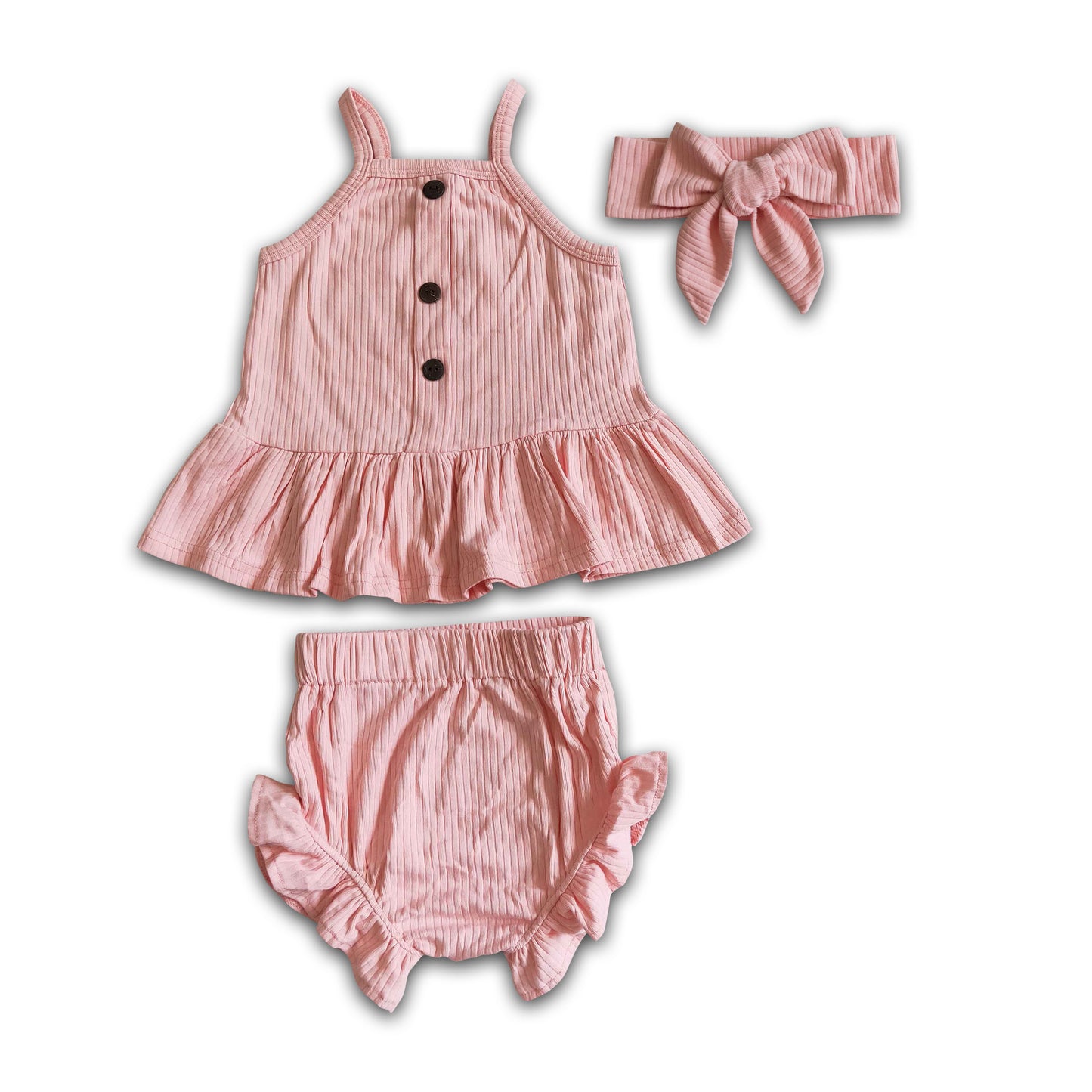 Sleeveless peach cotton baby girls bummies set