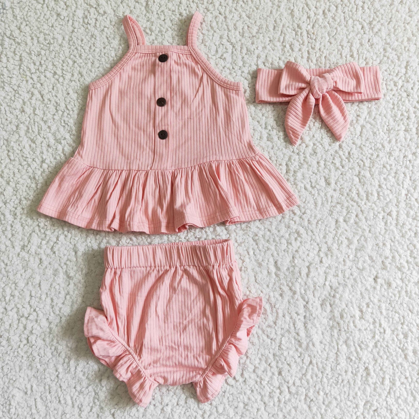 Sleeveless peach cotton baby girls bummies set