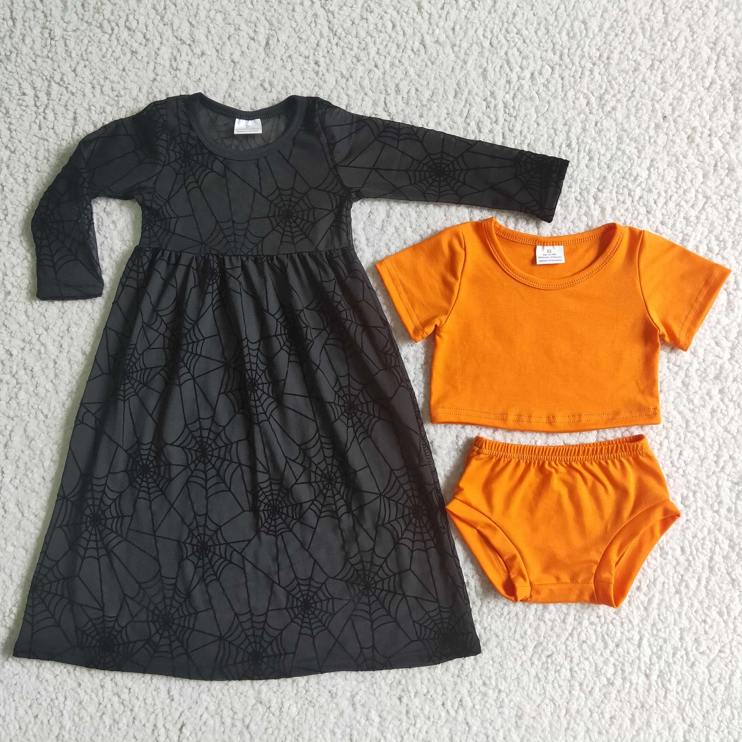 Oranged bummies set match spiderweb maxi dress baby girls Halloween set