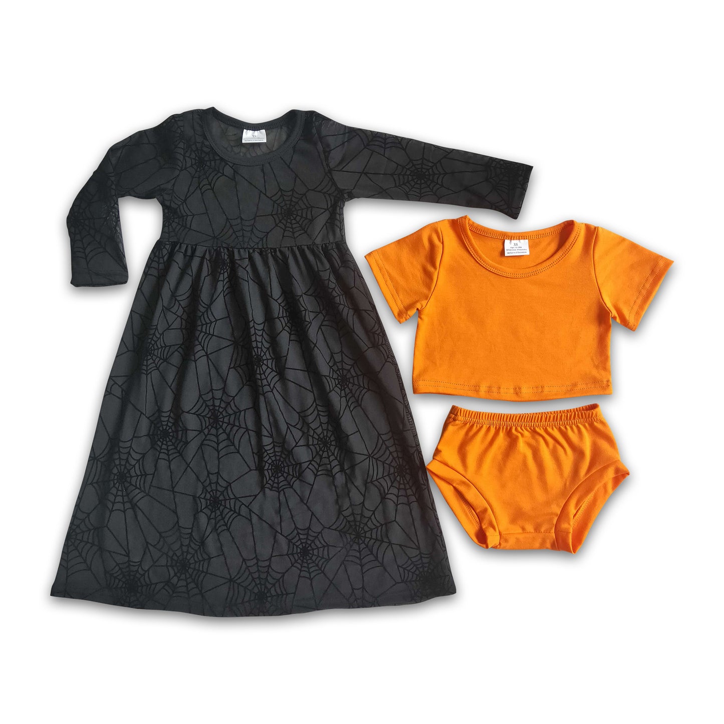 Oranged bummies set match spiderweb maxi dress baby girls Halloween set