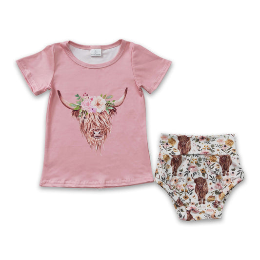 Highland cow pink shirt bummies baby girls set