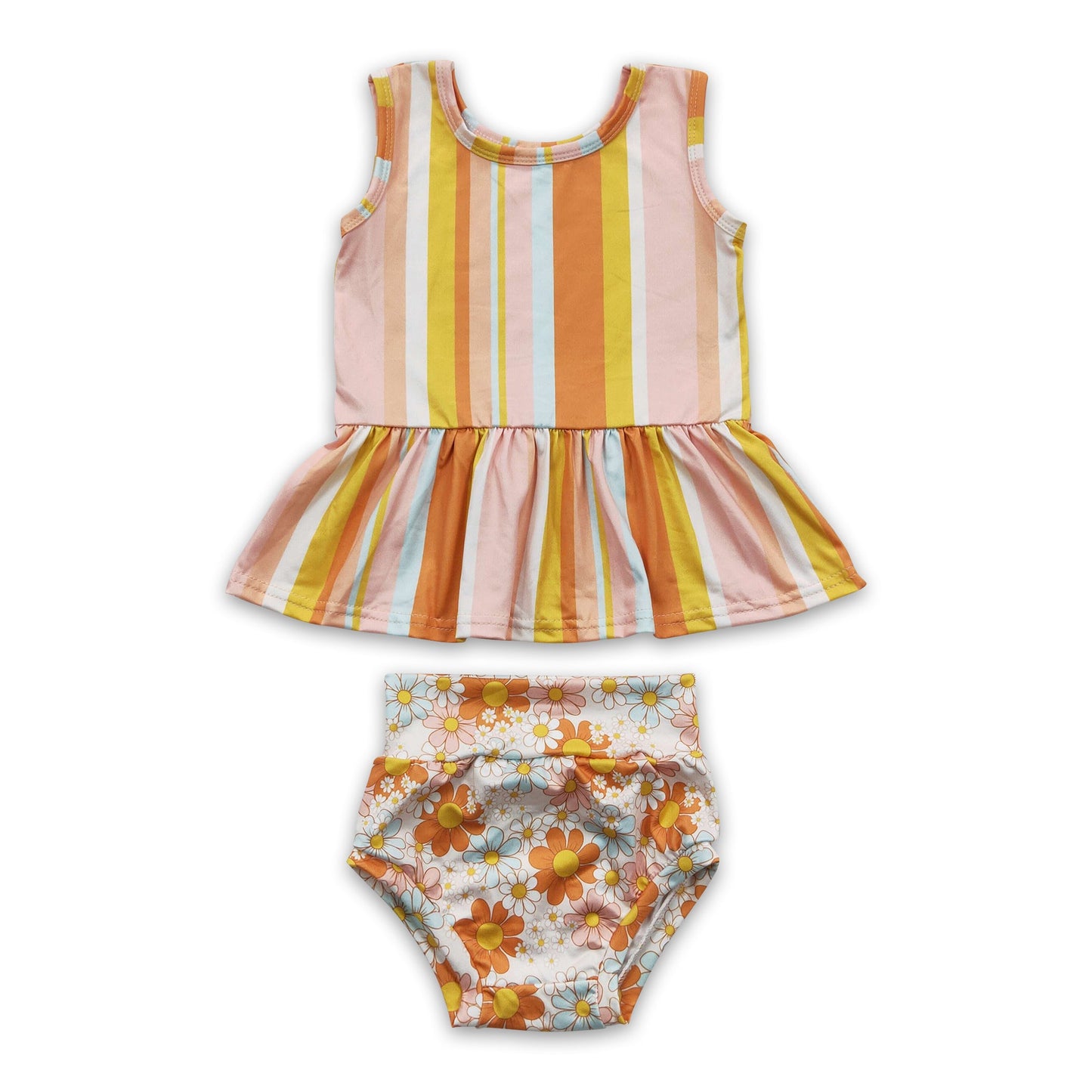 Stripe sleeveless peplum floral bummies baby girls set