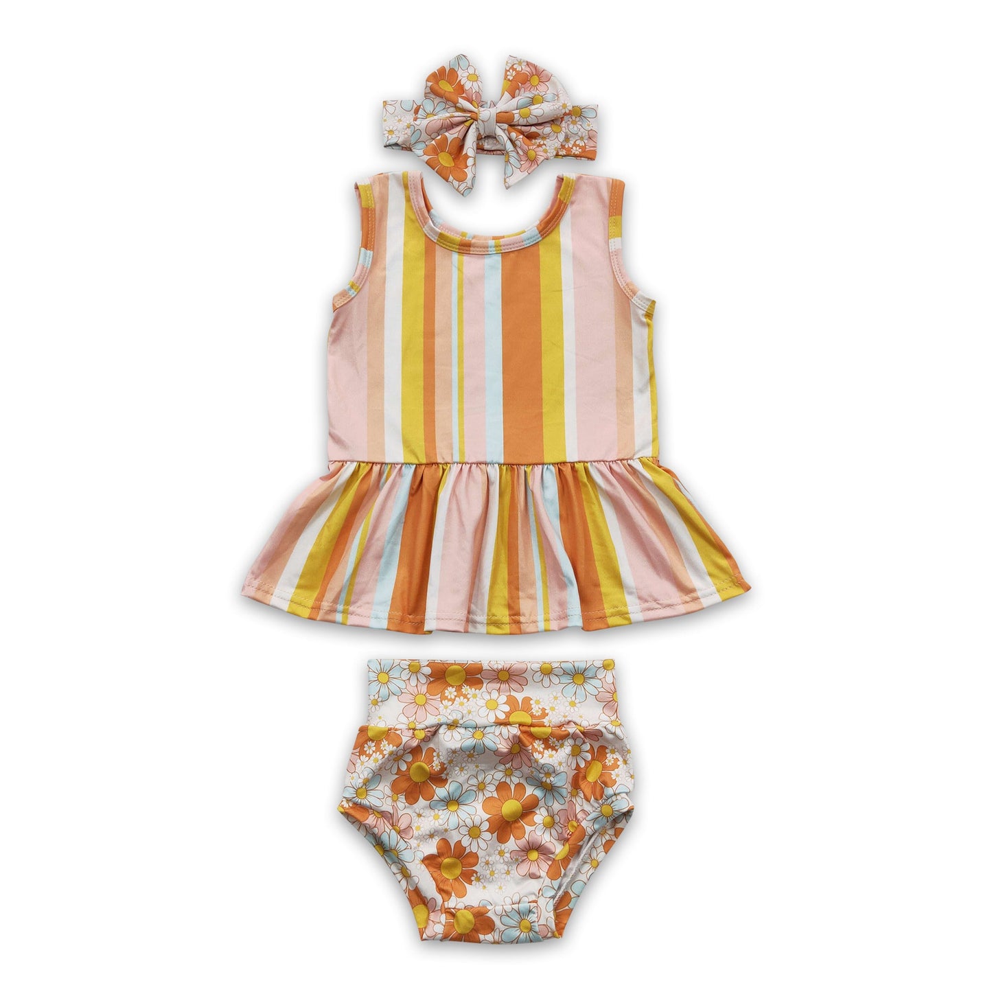 Stripe sleeveless peplum floral bummies baby girls set