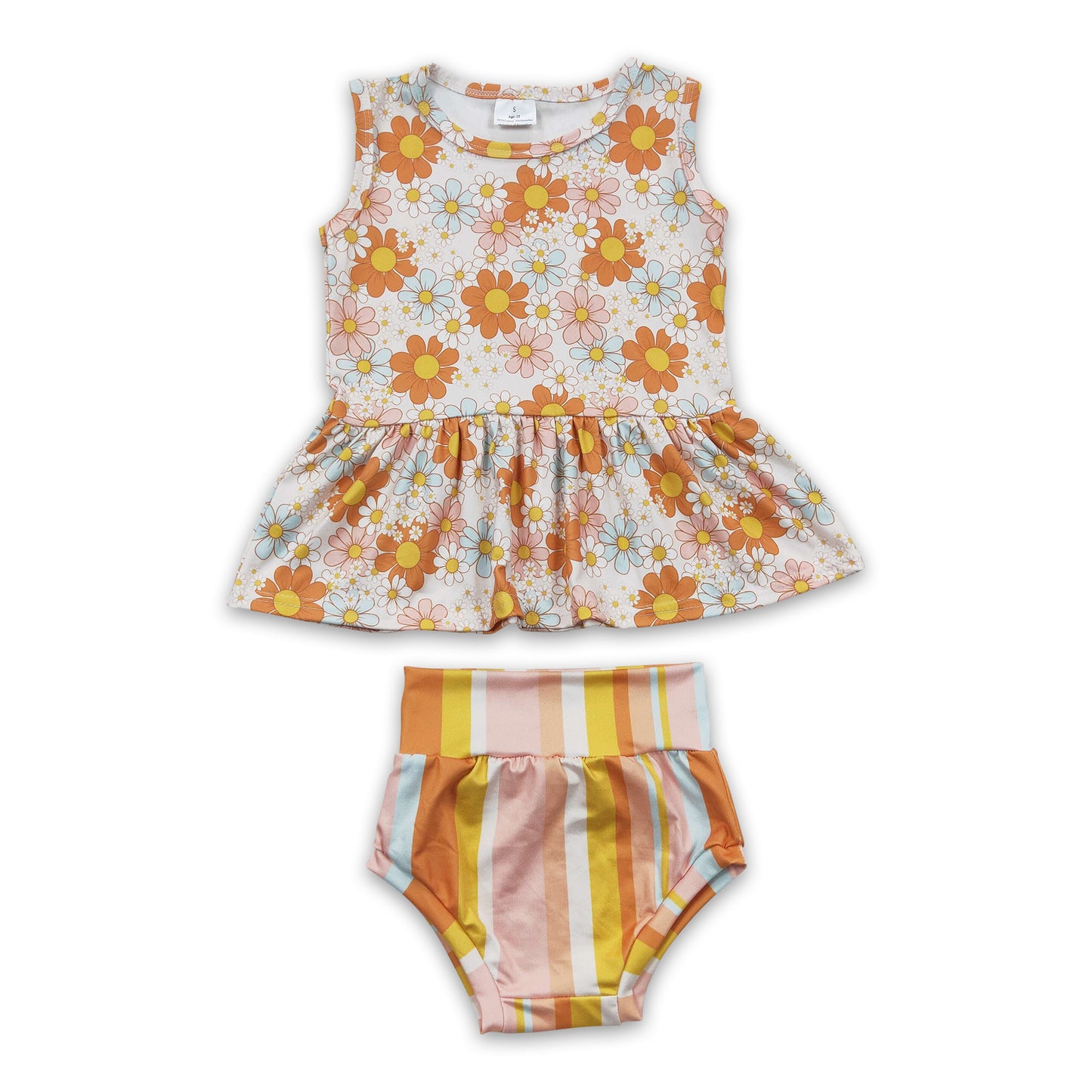 Floral sleeveless peplum stripe bummies baby girls set