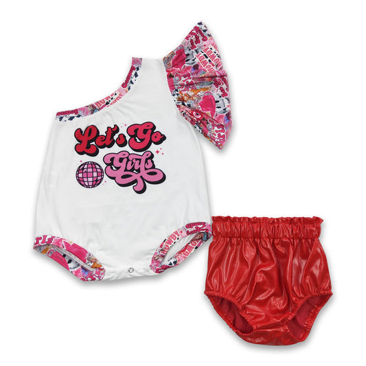 Let's go romper red leather bummies baby girls clothes