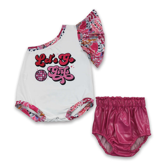 Let's go romper hot pink leather bummies baby girls clothes