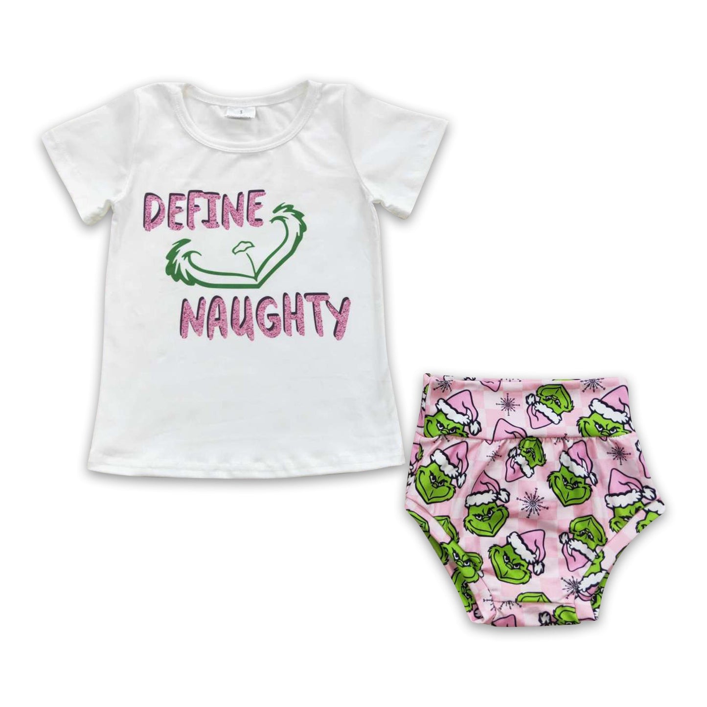 Define naughty pink green face baby girls Christmas bummies set