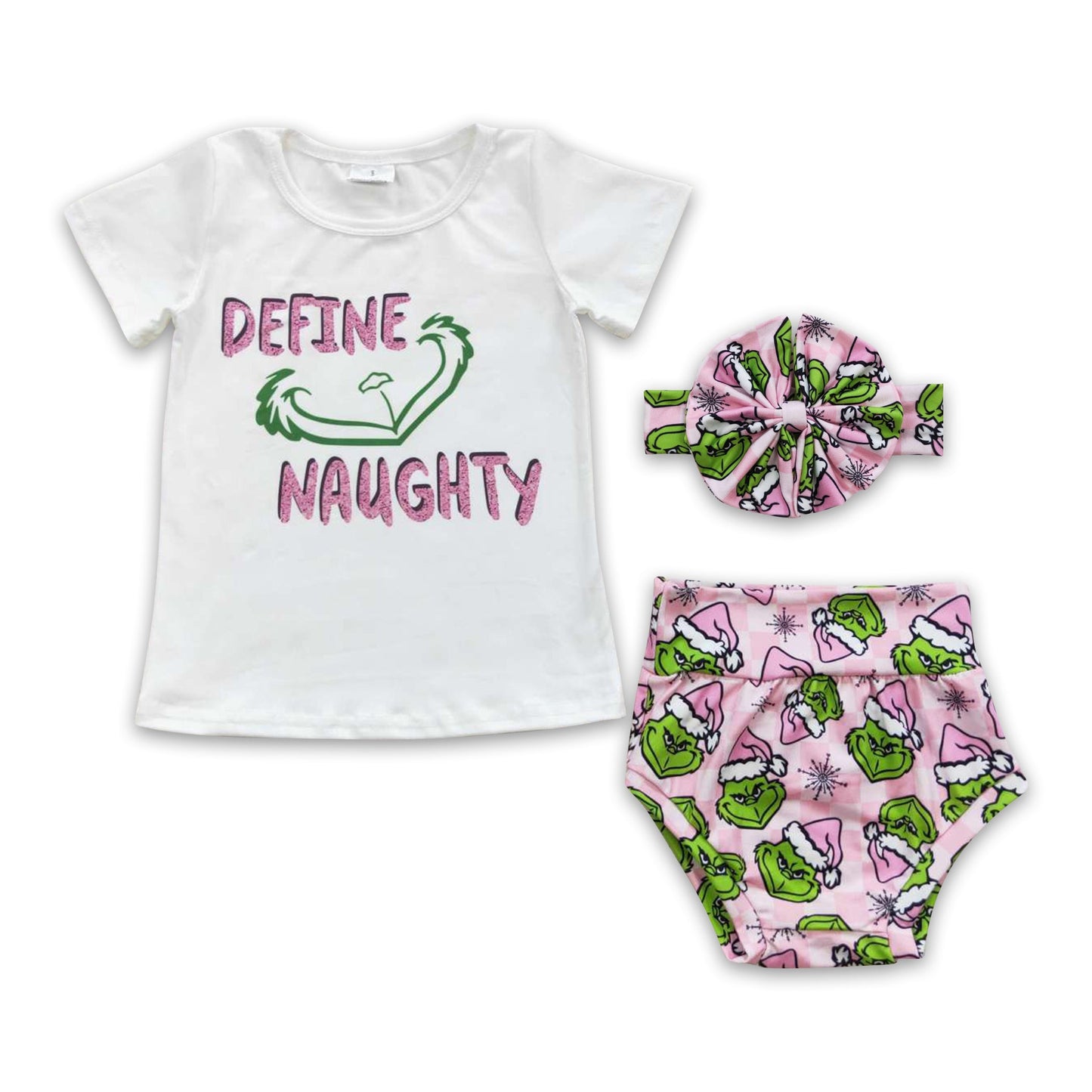 Define naughty pink green face baby girls Christmas bummies set