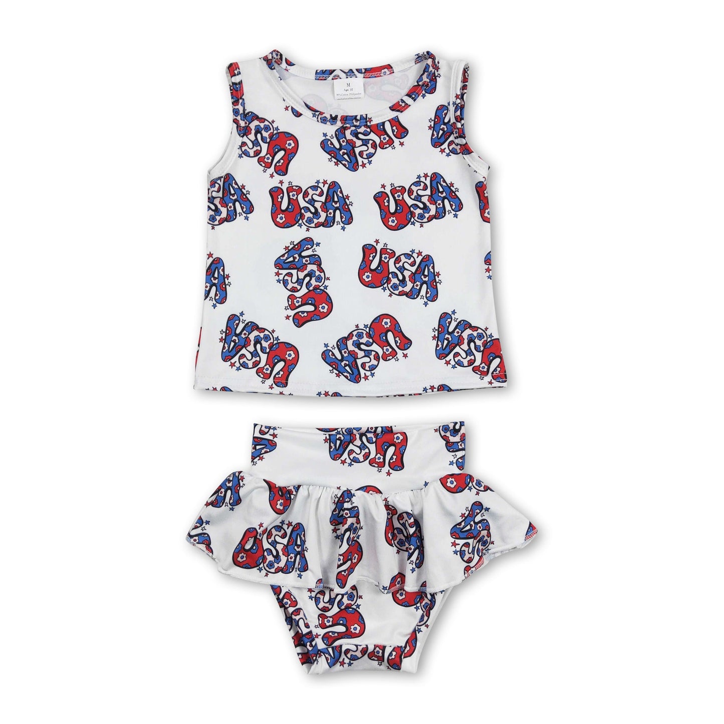 Sleeveless USA floral baby girls 4th of july bummies set