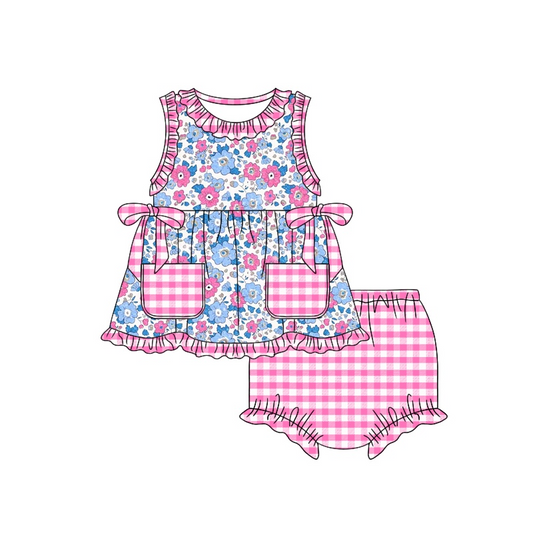 Sleeveless floral tunic plaid bummies baby girls clothes