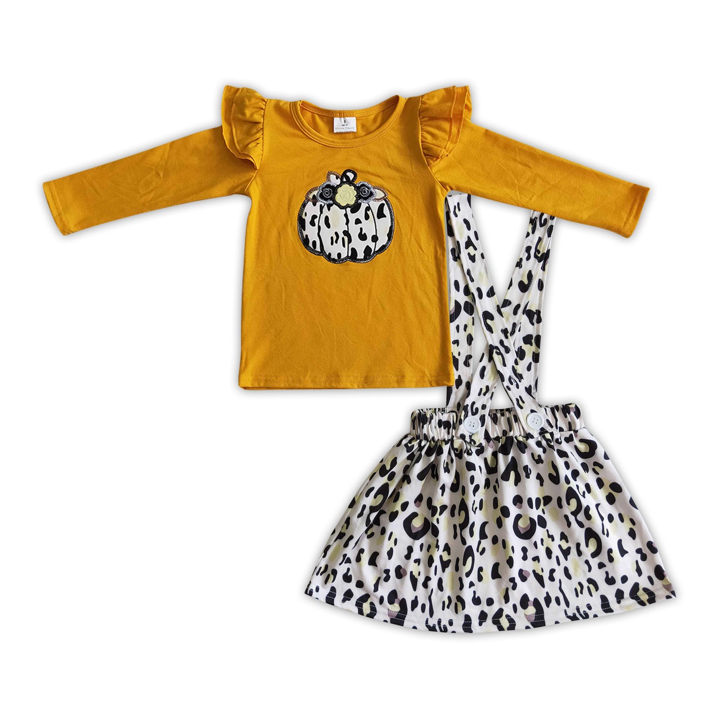 Cotton pumpkin shirt leopard suspender skirt girls fall clothes