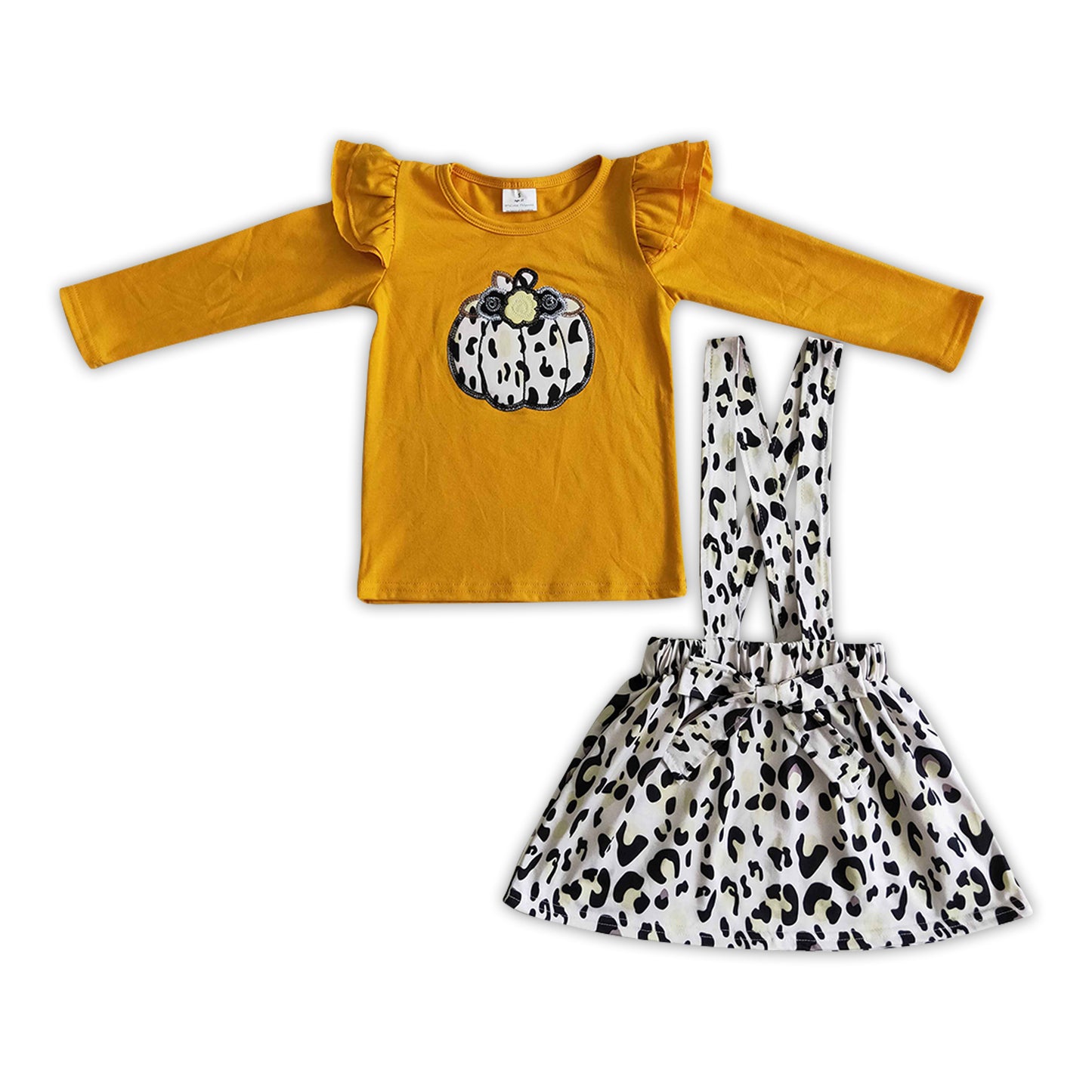 Cotton pumpkin shirt leopard suspender skirt girls fall clothes