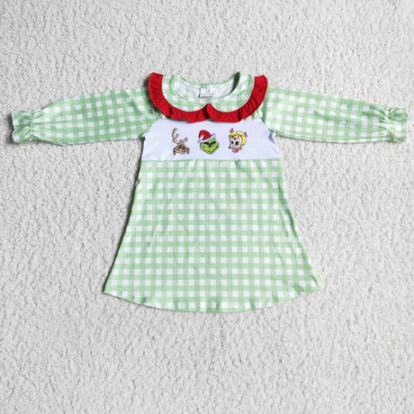 Plaid sleeves green face embroidery girls Christmas dresses