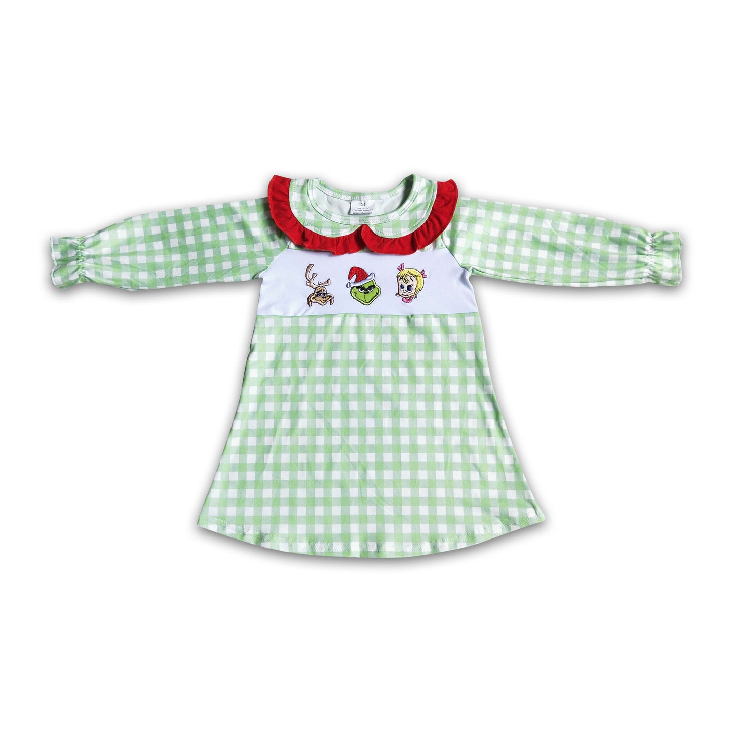 Plaid sleeves green face embroidery girls Christmas dresses