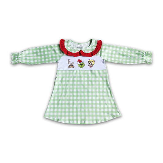 Plaid sleeves green face embroidery girls Christmas dresses