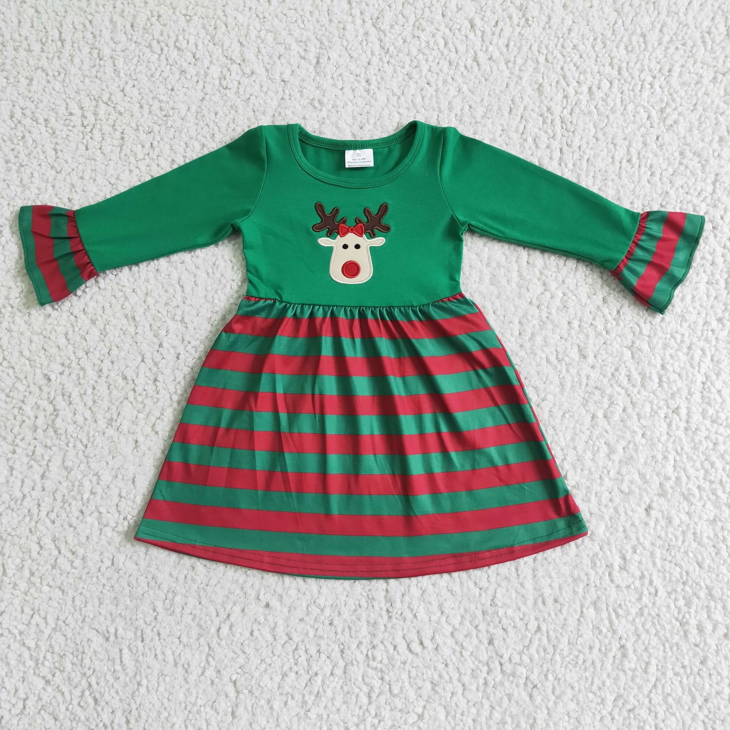 Solid reindeer embroidery stripe skirt girls Christmas dresses