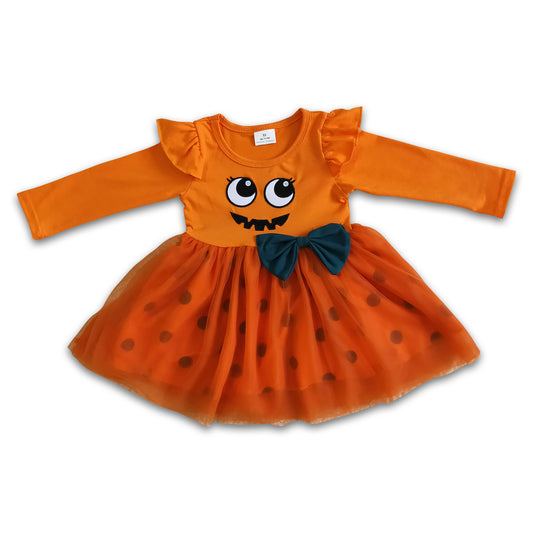 Orange embroidery long sleeve girls Halloween tulle dresses