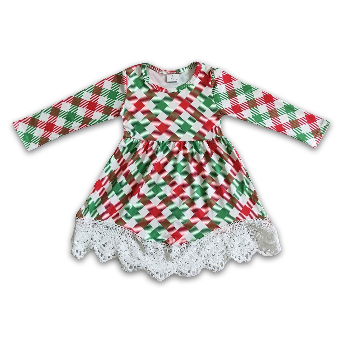 Green red plaid lace kids girls Christmas dresses