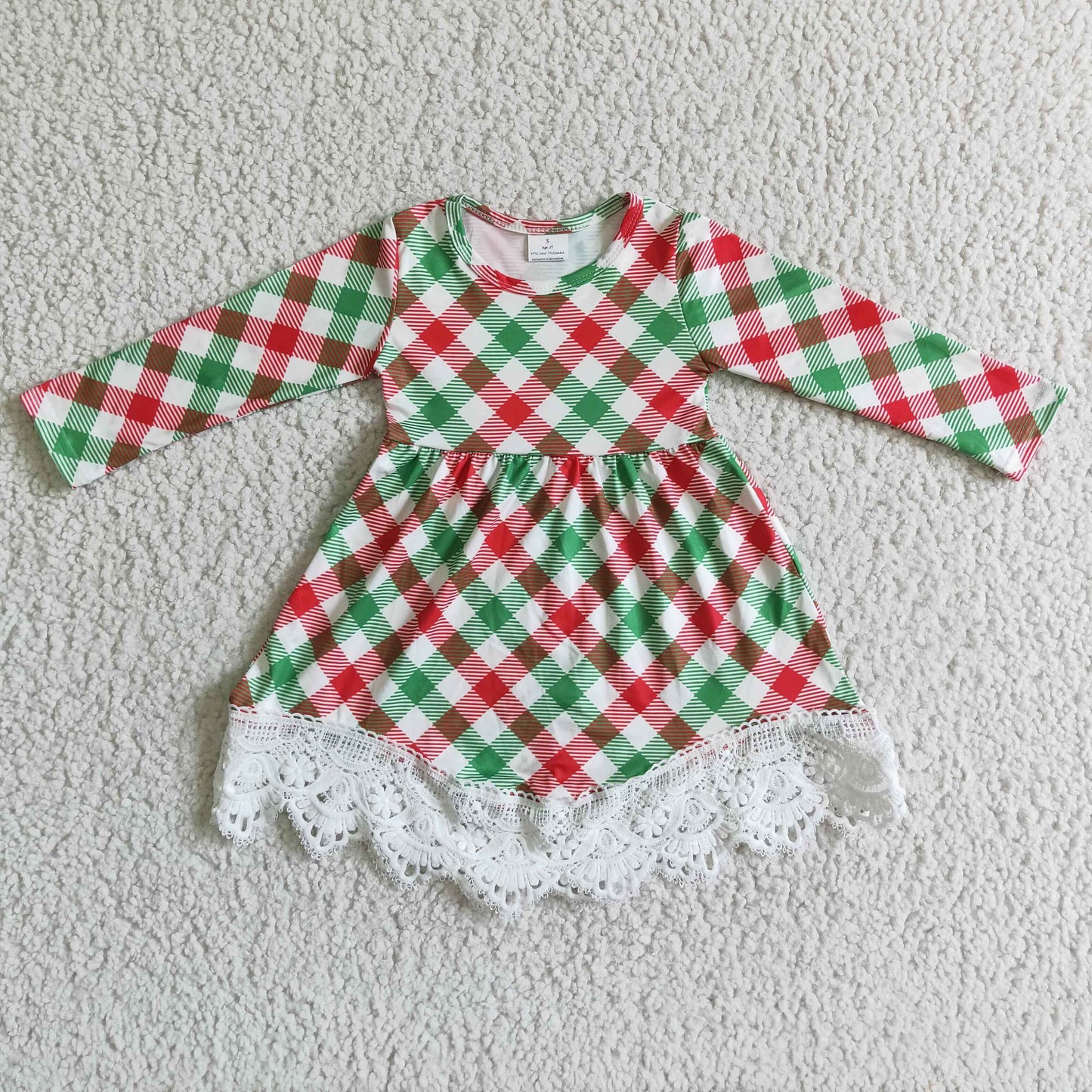 Green red plaid lace kids girls Christmas dresses