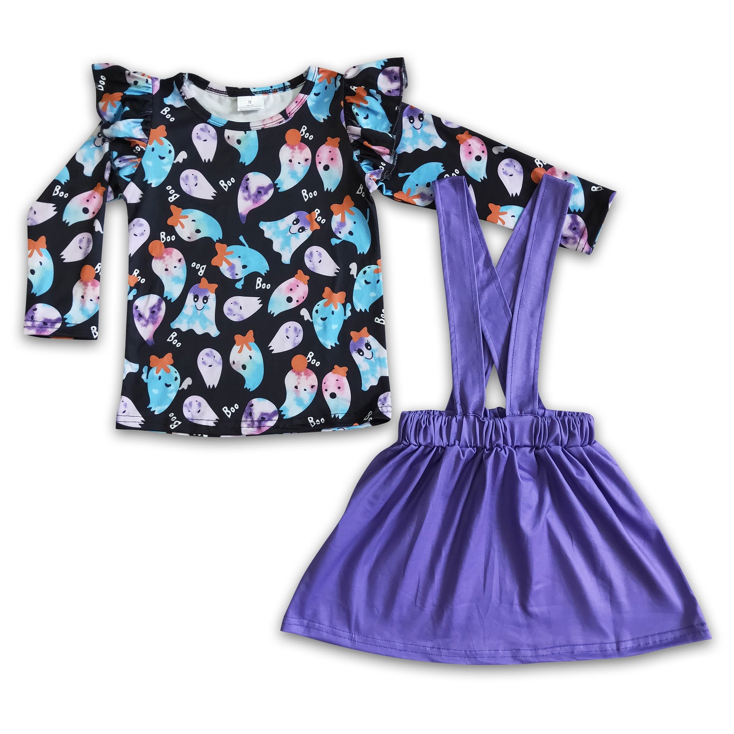 Boo ghost shirt purple suspender skirt girls Halloween set