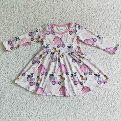 Cow horse tractor pink girls farm twirl dresses