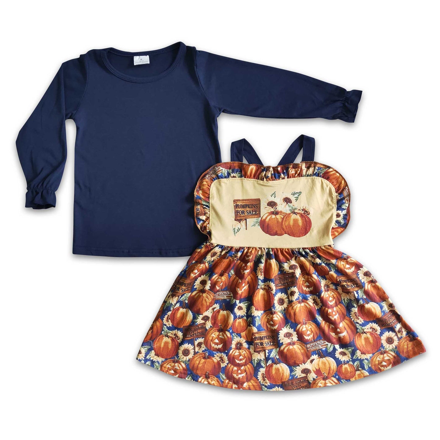 Pumpkin for sale suspender match blue shirt baby fall set