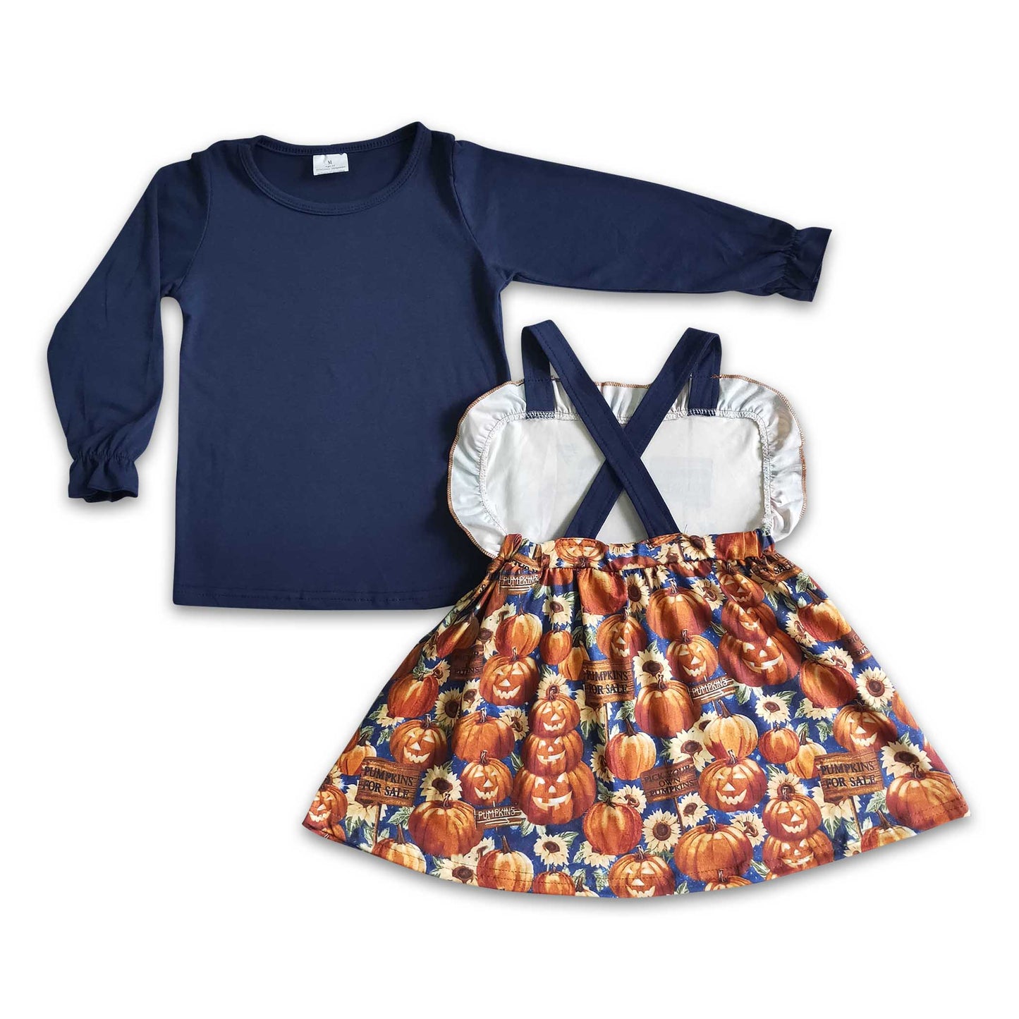 Pumpkin for sale suspender match blue shirt baby fall set