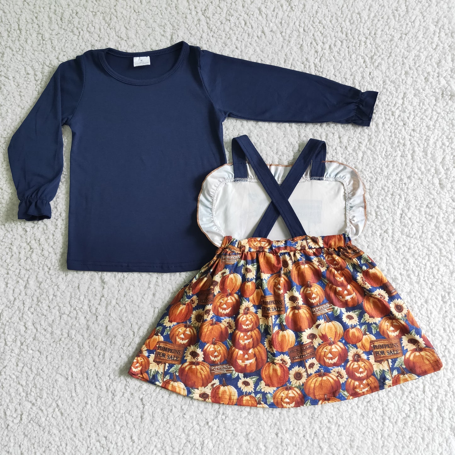 Pumpkin for sale suspender match blue shirt baby fall set