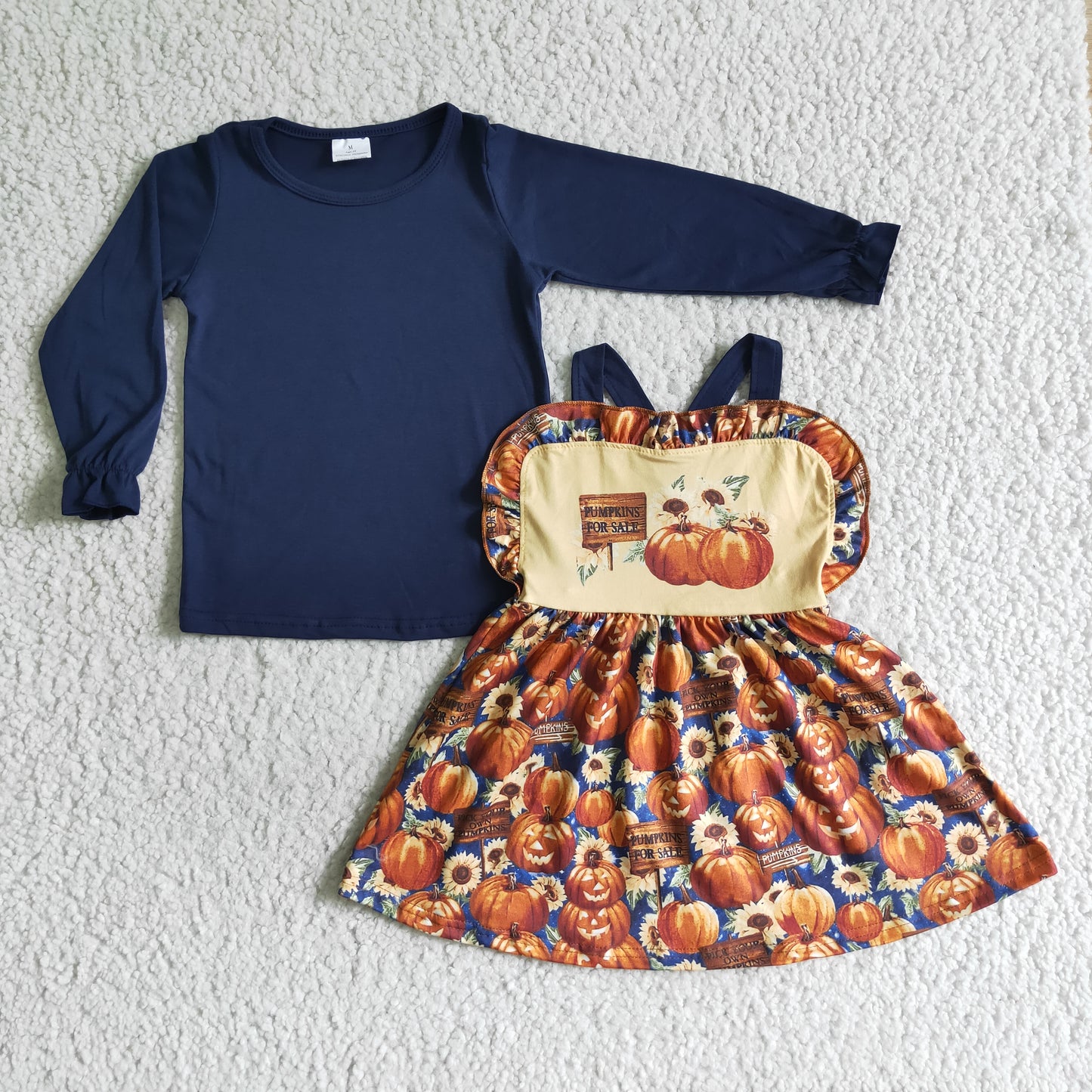 Pumpkin for sale suspender match blue shirt baby fall set