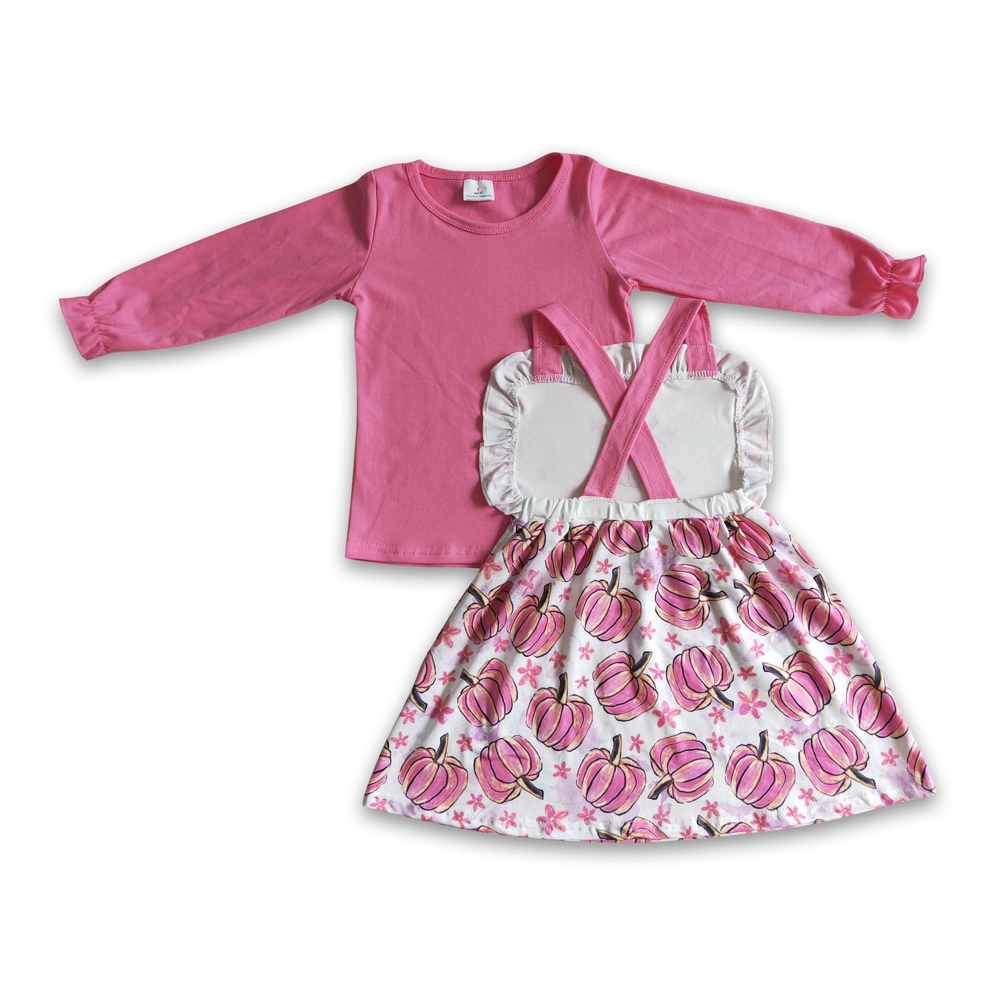 Pink shirt pumpkin suspender dress girls fall clothing set