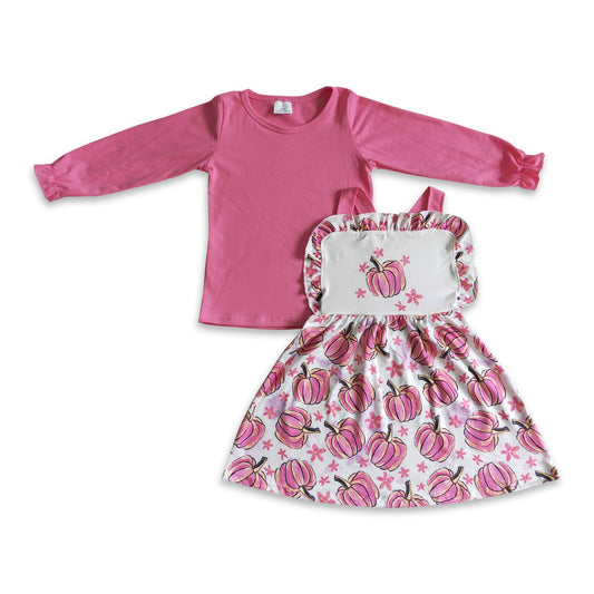 Pink shirt pumpkin suspender dress girls fall clothing set