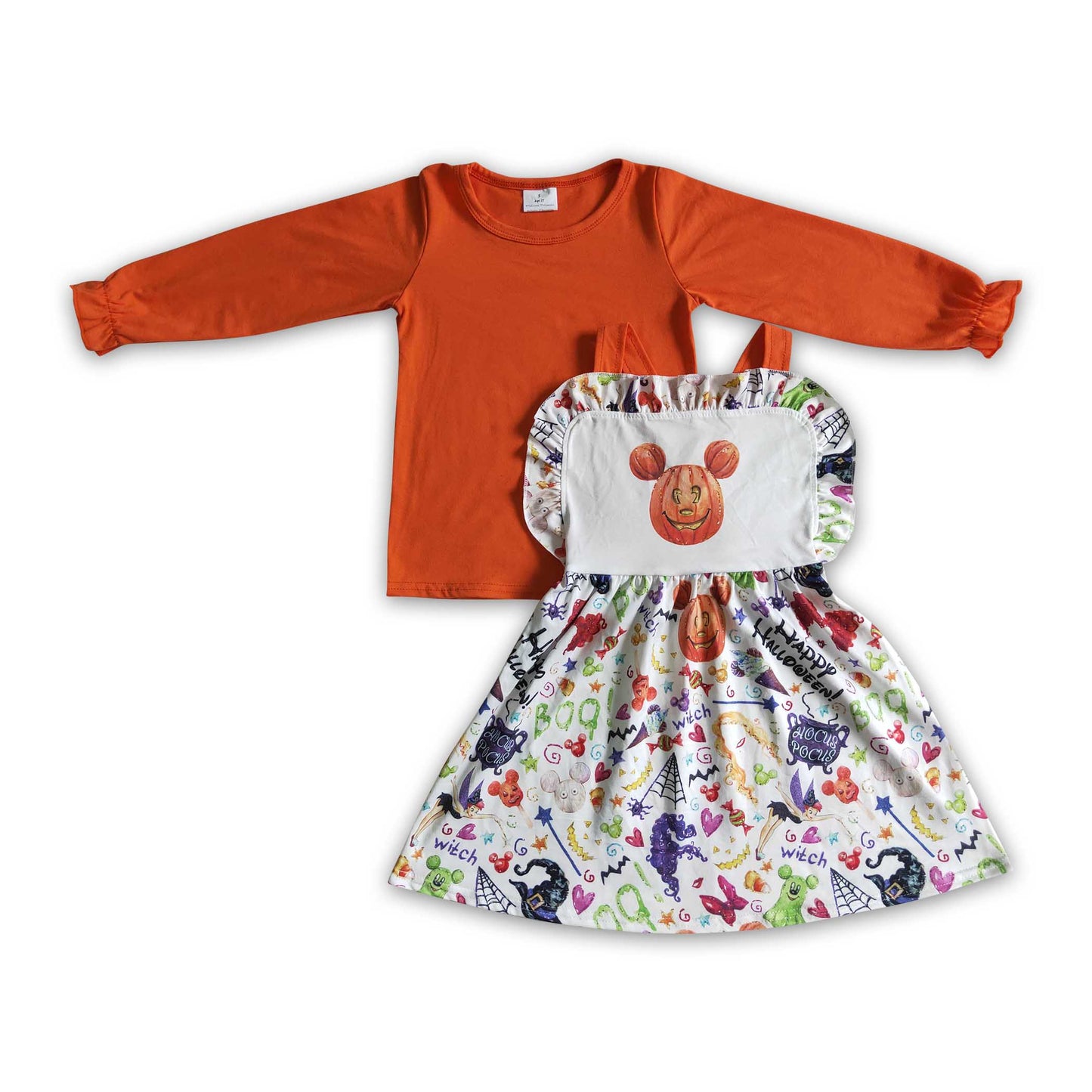 Orange shirt mouse snacks witches suspender dresses girls Halloween set