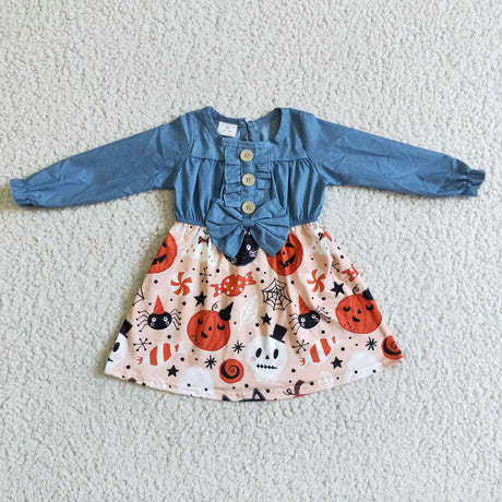 Denim long sleeve pumpkin candy spider girls Halloween dress
