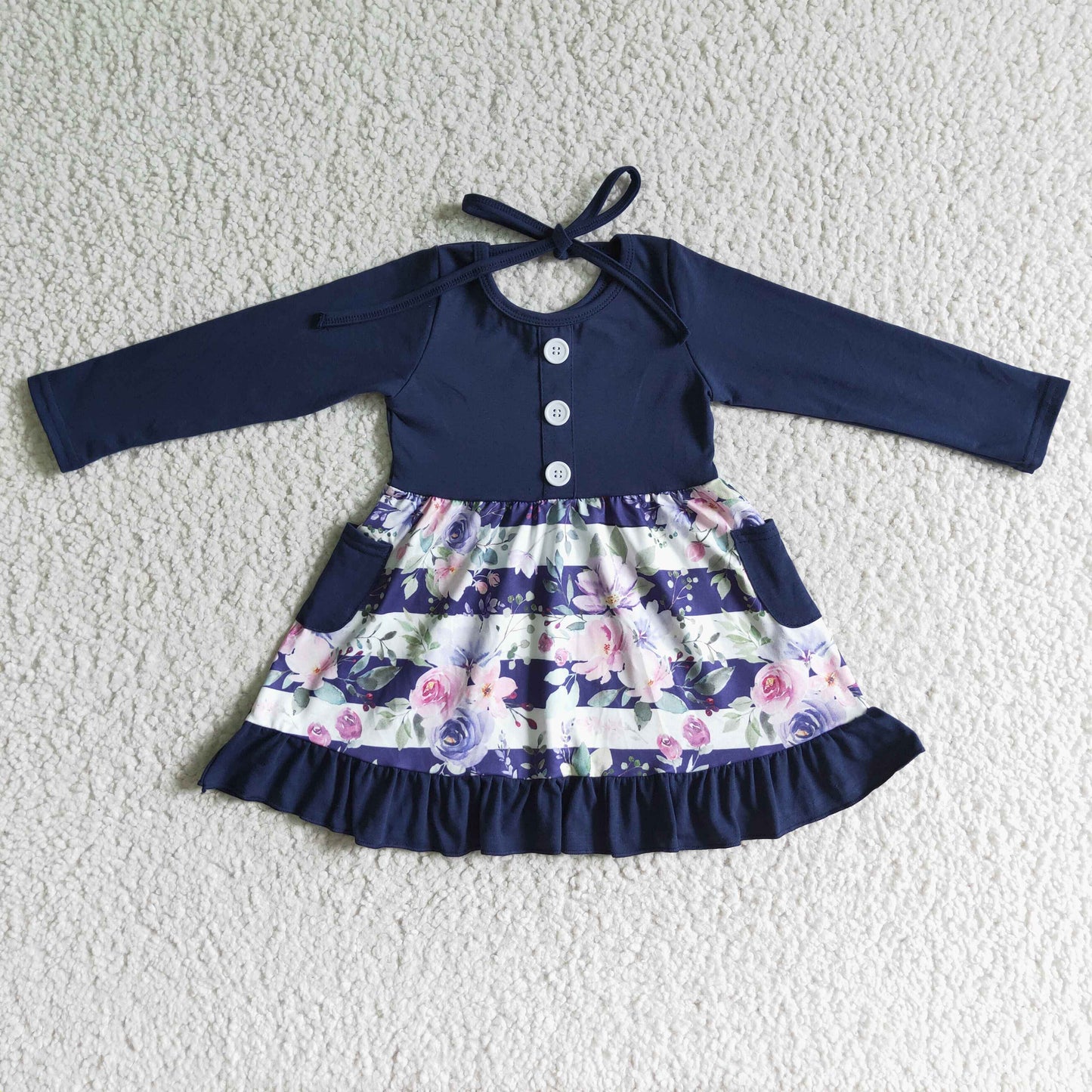 Navy long sleeve floral pocket girls fall dresses