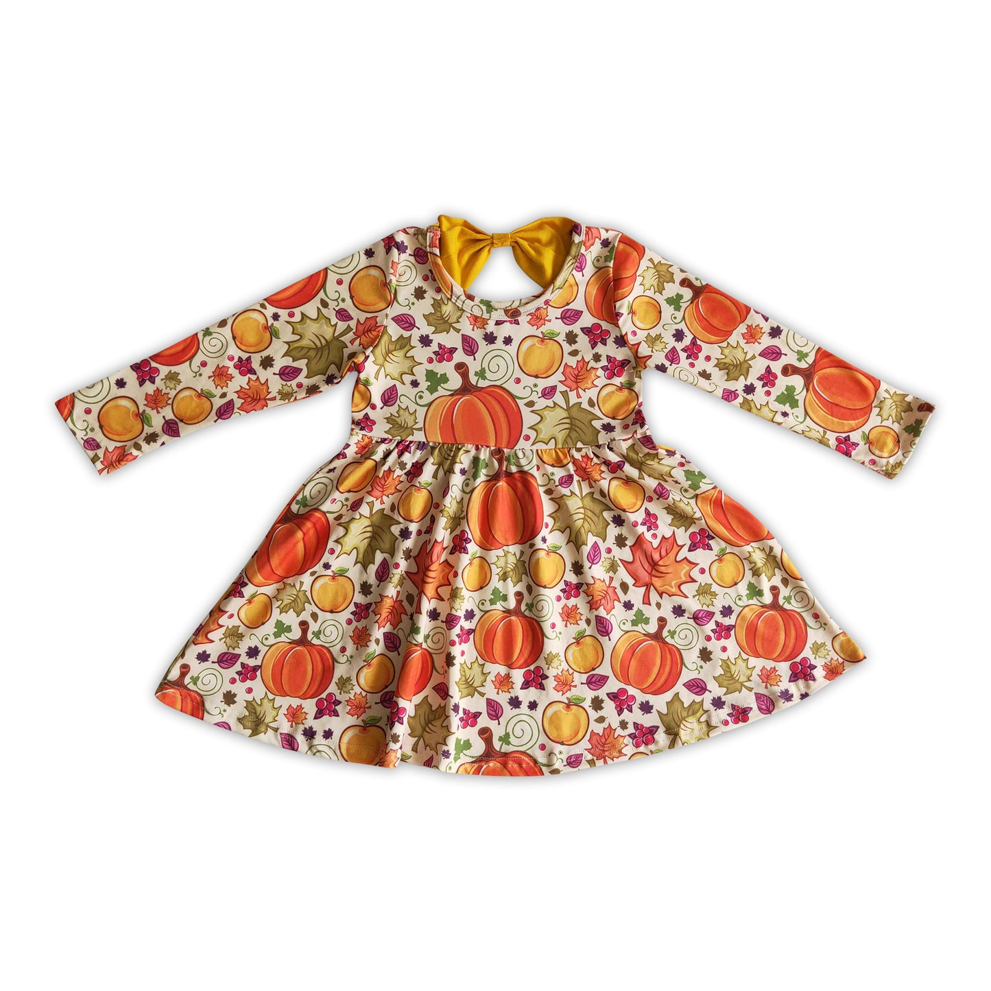 Pumpkin leaves long sleeves girls fall twirl dresses