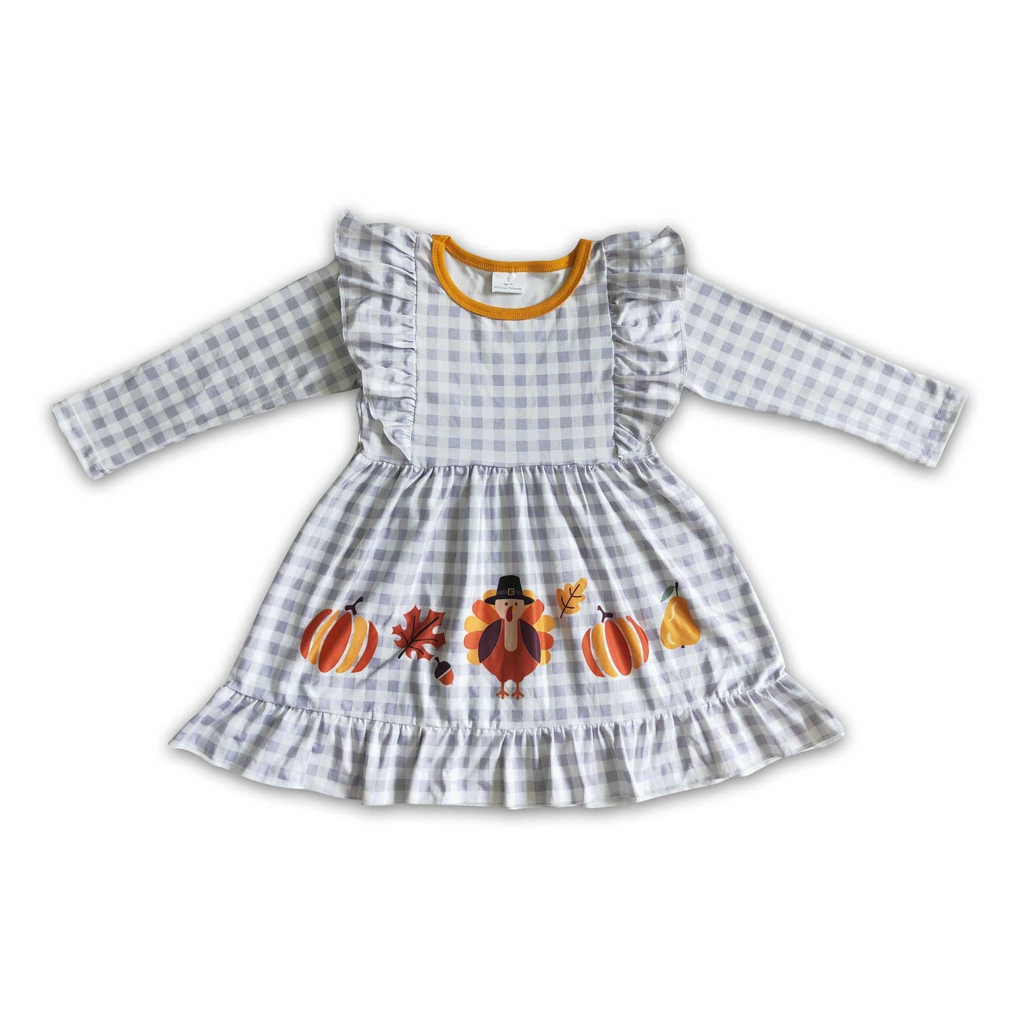 Turkey pumpkin grey plaid girls Thanksgiving dress