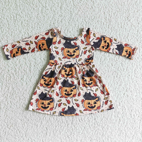 Cat pumpkin long sleeves baby girls Halloween dresses