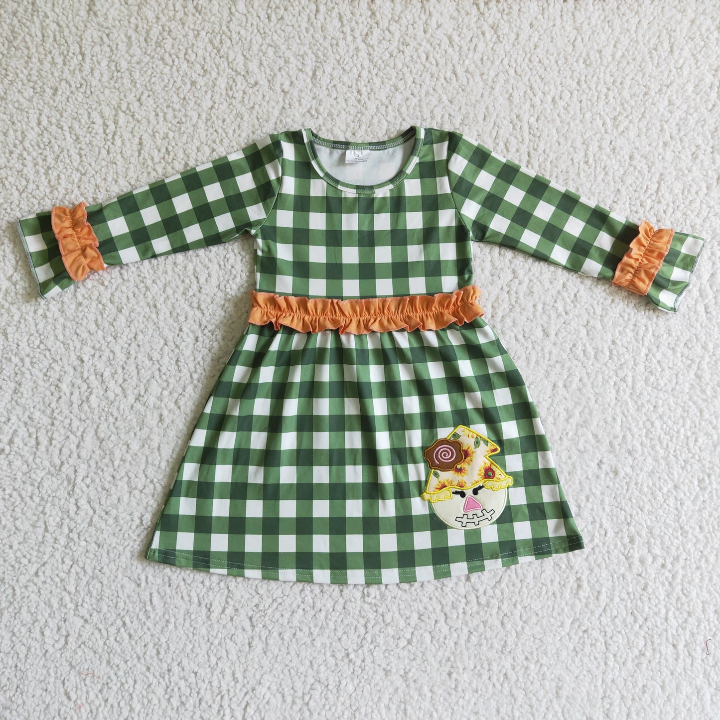 Scarecrow embroidery green plaid girls fall dress