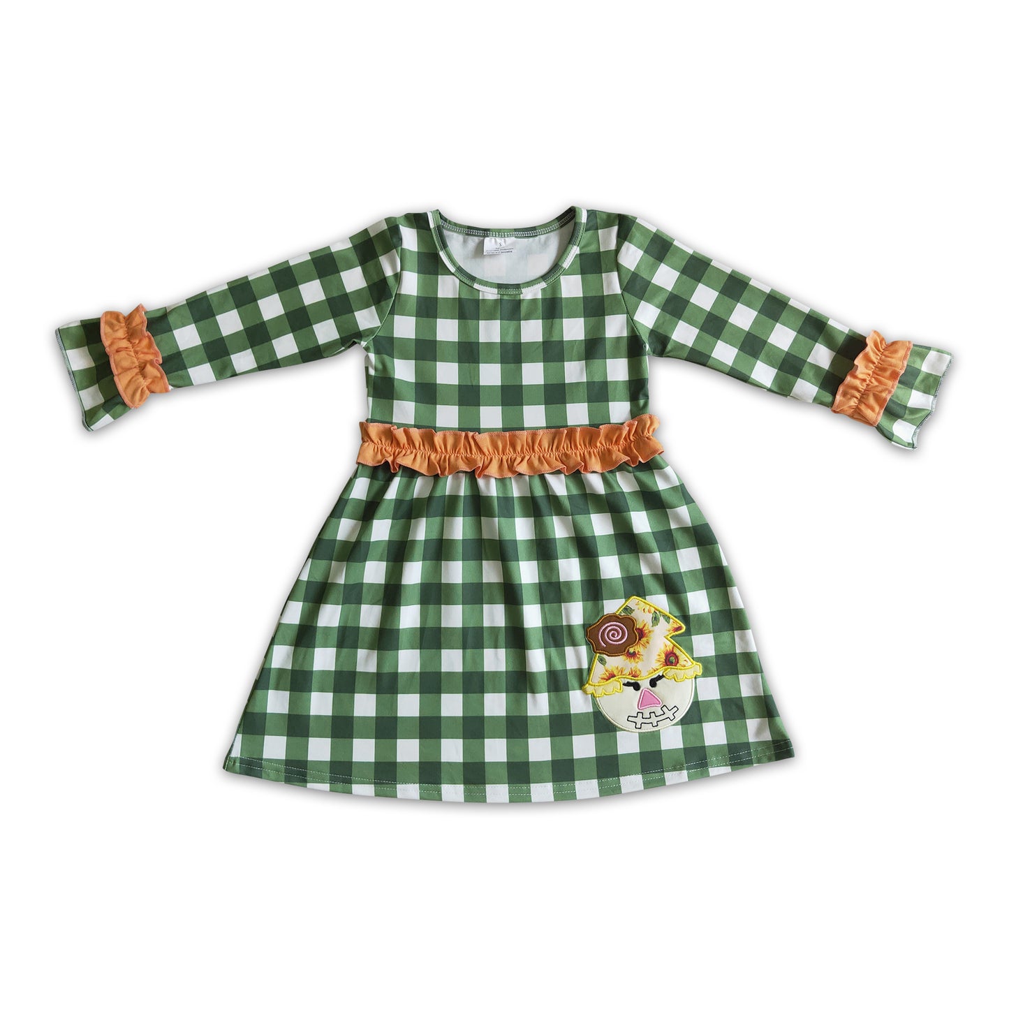 Scarecrow embroidery green plaid girls fall dress